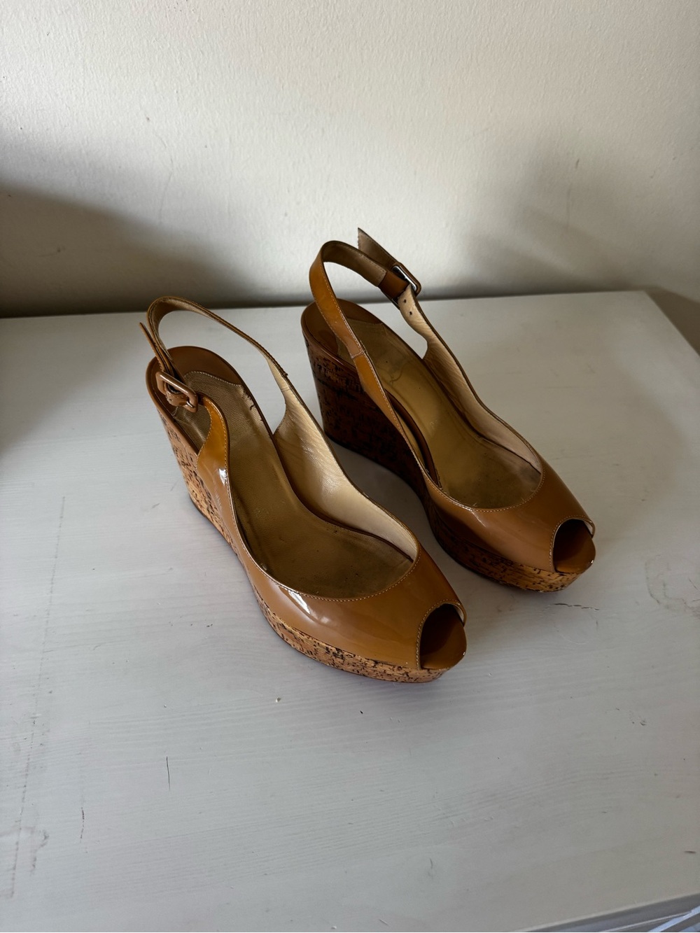 Christian Louboutin Tan Peep-Toe Cork Wedge Slingbacks